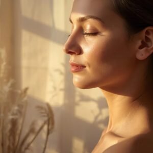 Mujer en meditación y calma, luz cálida