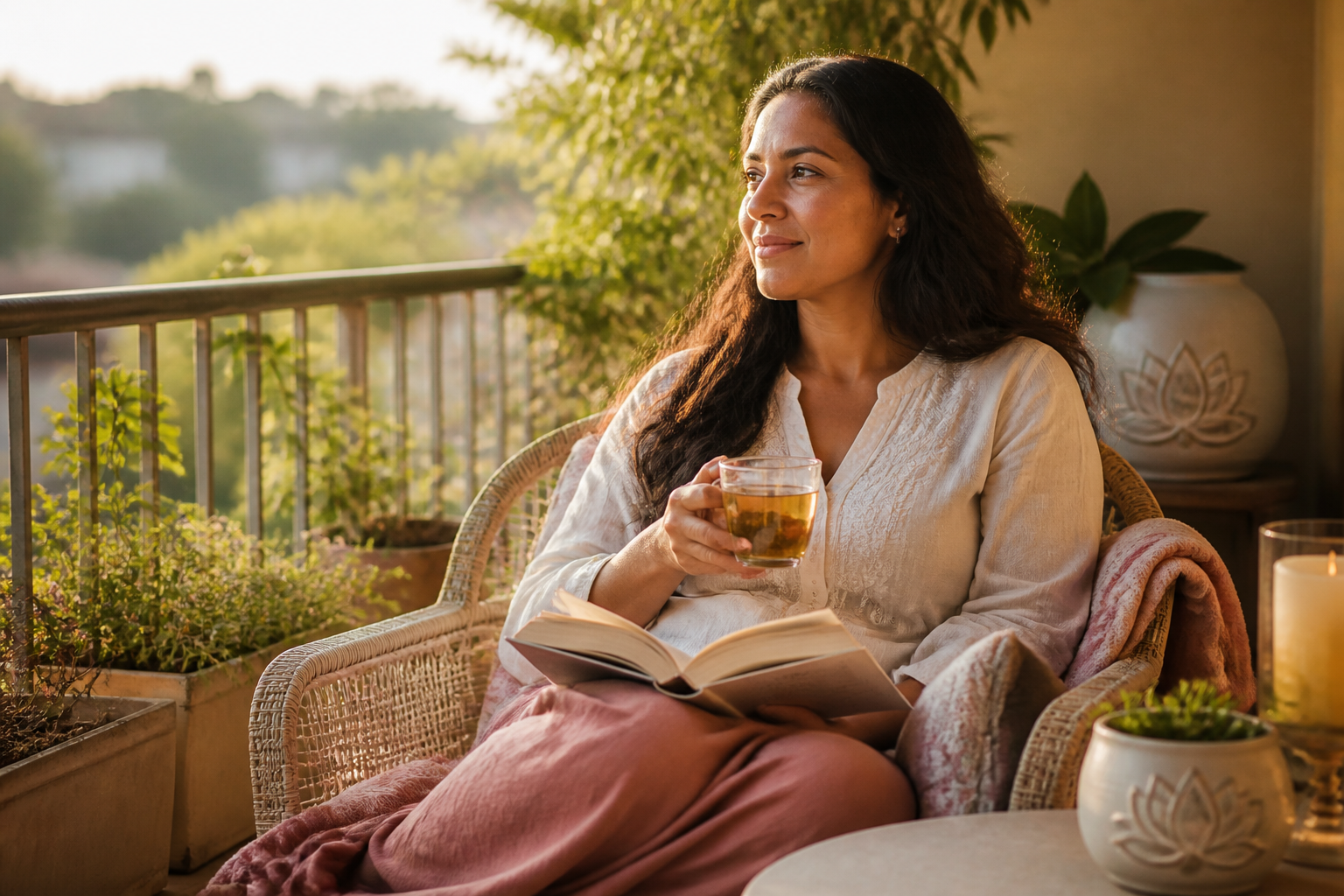 Mujer disfrutando su propia compañía con serenidad y amor propio